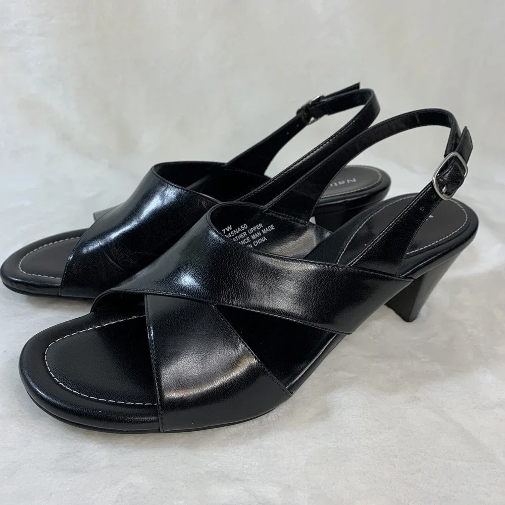 Naturalizer Serenity Black Sling Back Leather Open Toe Heels  EUC Size 7 Width C